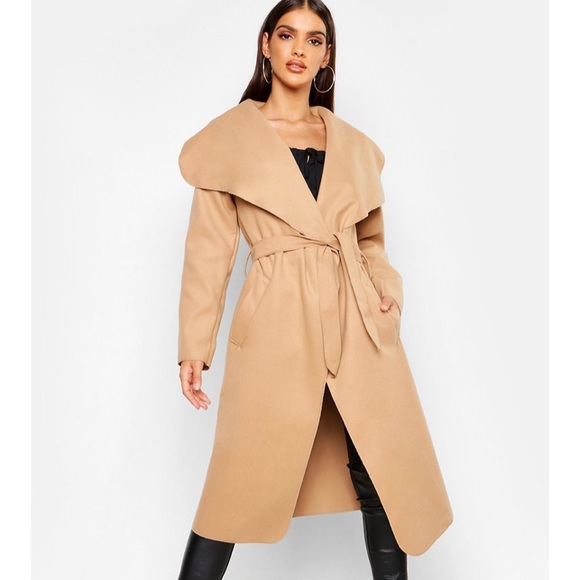 Camel Belted Shawl Collar Trench Coat 